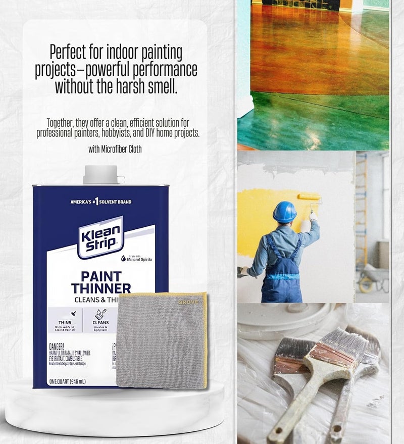 GROVE Mineral Spirits Paint Thinner 1 qt Bundle with Microfiber Cloth – Low Odor Solvent for Cleaning Brushes, Thinning Oil-Based Paint and Varnish – Gift Set (2 Items) - Image 4